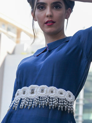 White And Grey Pearl Beads Velvet Base Belt - Rajwada