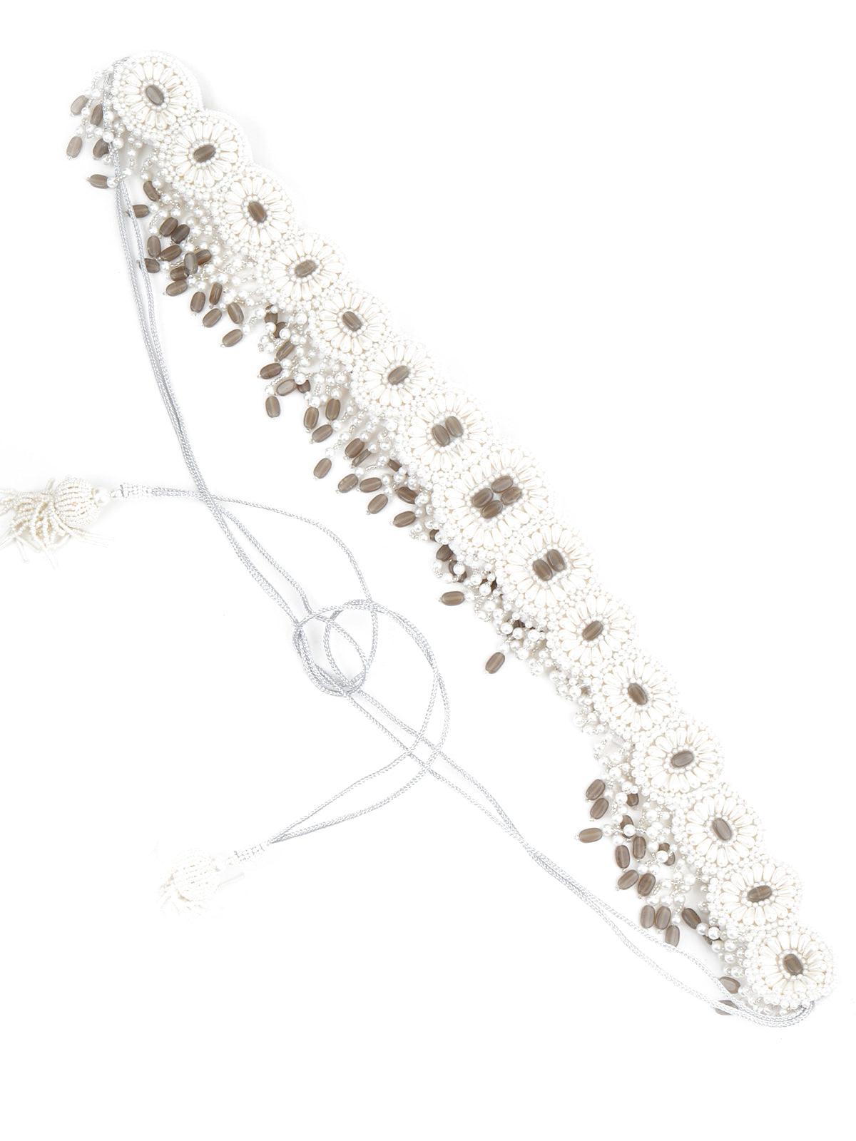 White And Grey Pearl Beads Velvet Base Belt - Rajwada