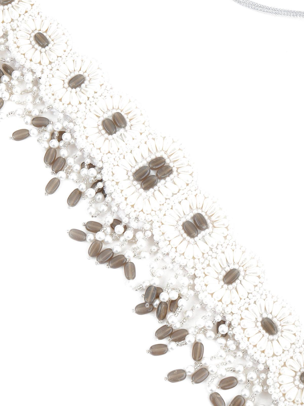 White And Grey Pearl Beads Velvet Base Belt - Rajwada