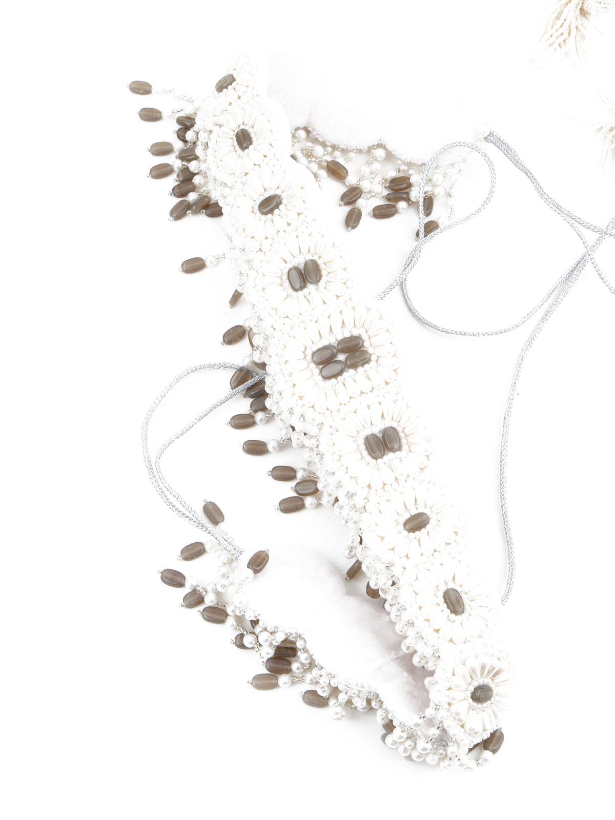 White And Grey Pearl Beads Velvet Base Belt - Rajwada