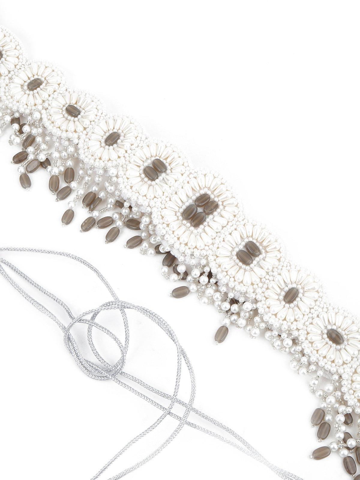 White And Grey Pearl Beads Velvet Base Belt - Rajwada