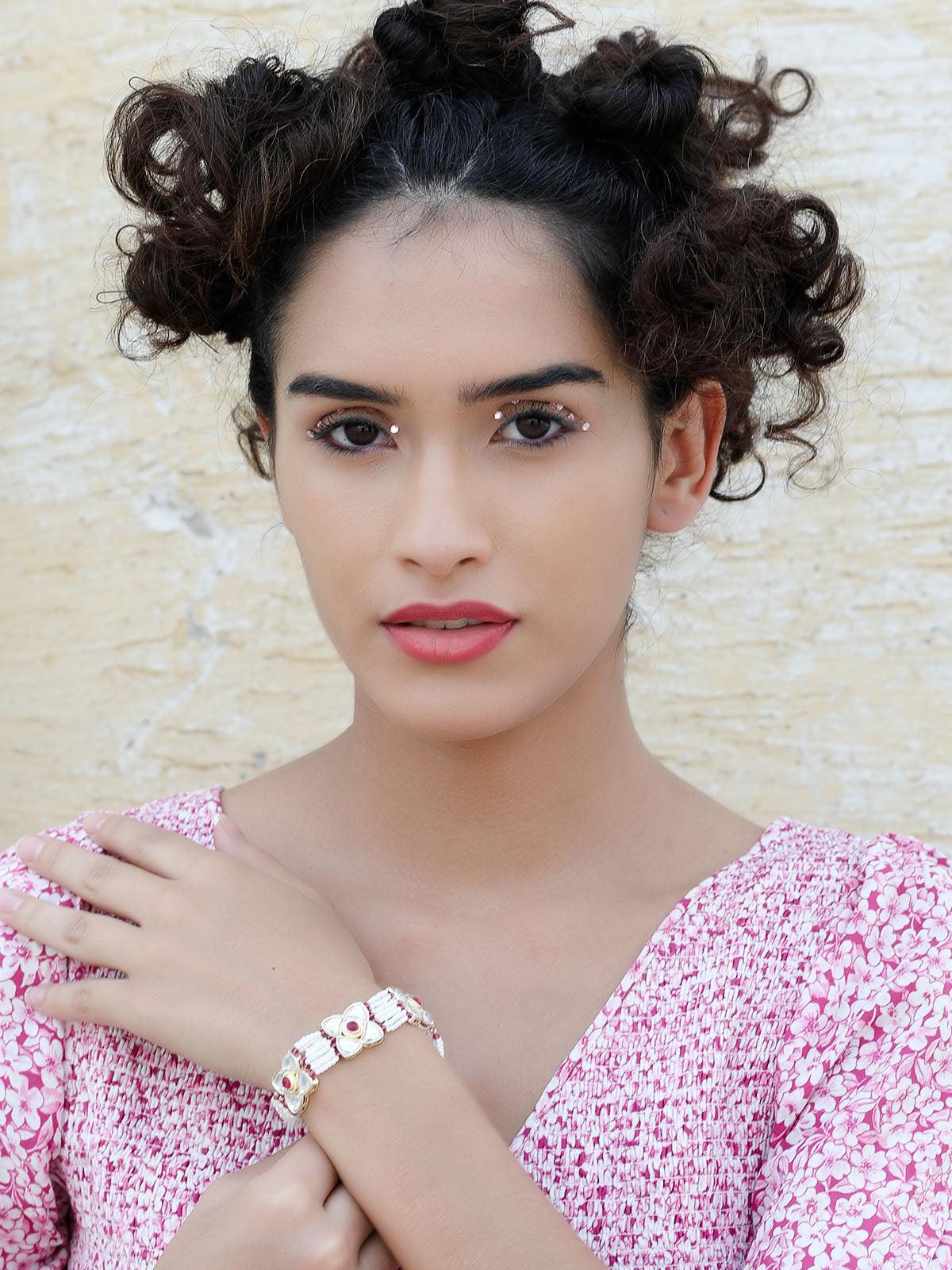 White and red beaded floral bracelet - Rajwada