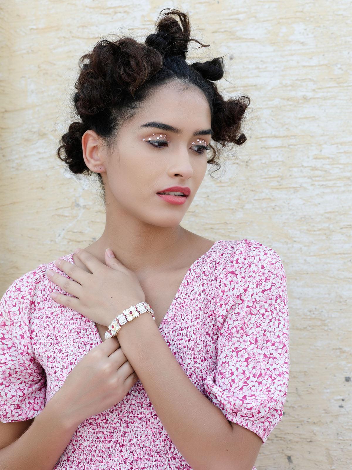 White and red beaded floral bracelet - Rajwada