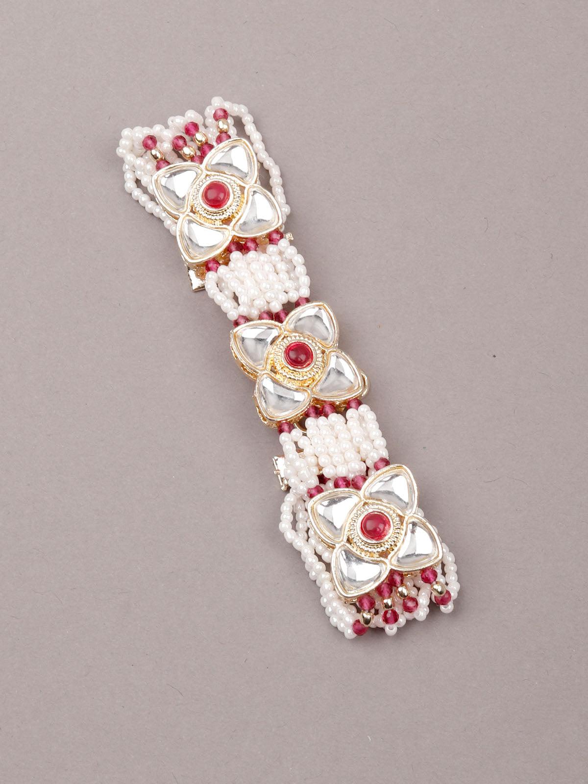 White and red beaded floral bracelet - Rajwada