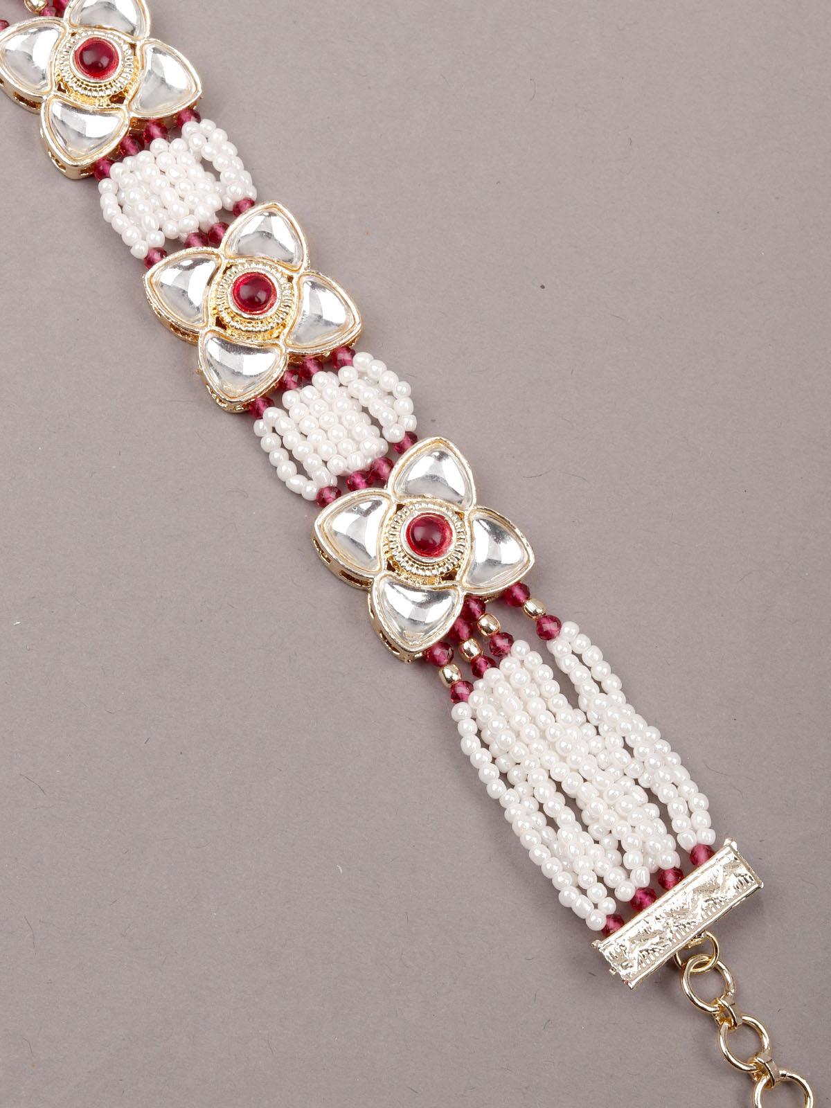 White and red beaded floral bracelet - Rajwada