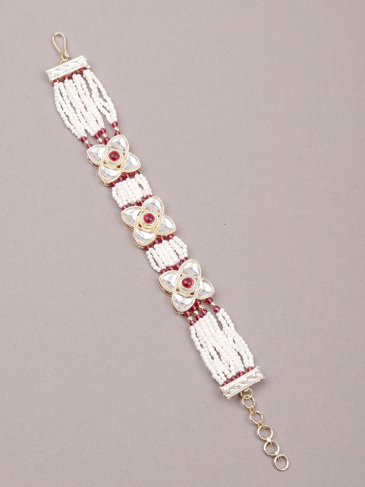 White and red beaded floral bracelet - Rajwada
