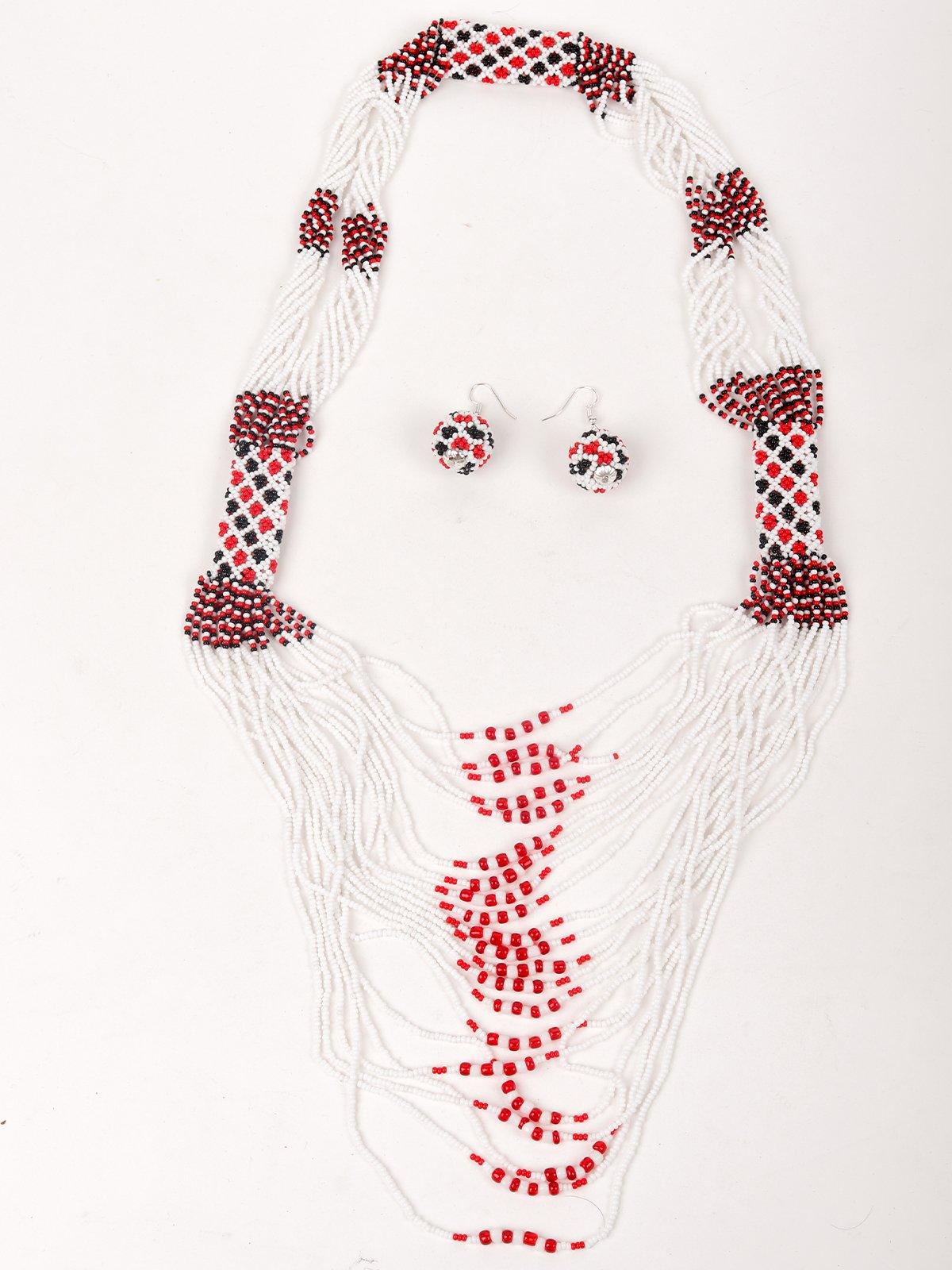 White And Red Beaded Multi-Strand Necklace Set With Earrings - Rajwada