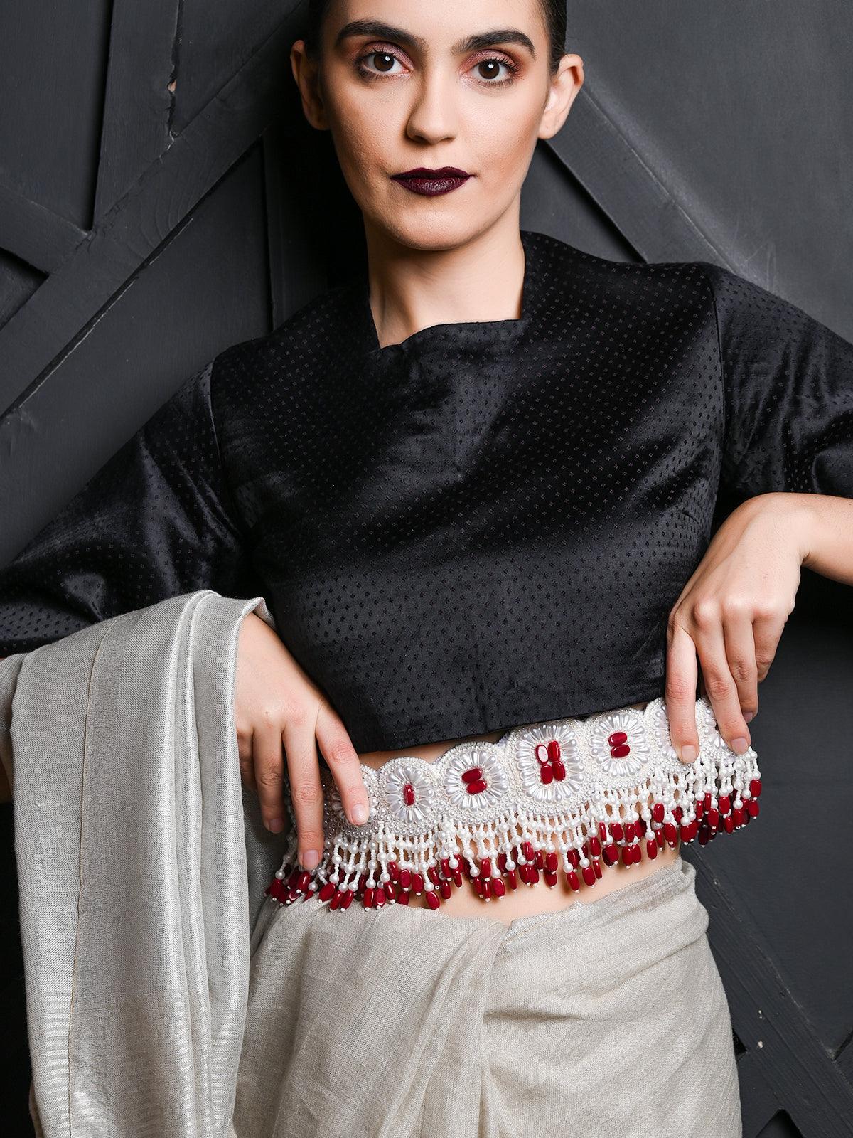 White And Red Pearl Beads Velvet Base Belt - Rajwada