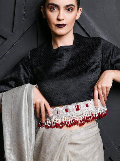White And Red Pearl Beads Velvet Base Belt - Rajwada