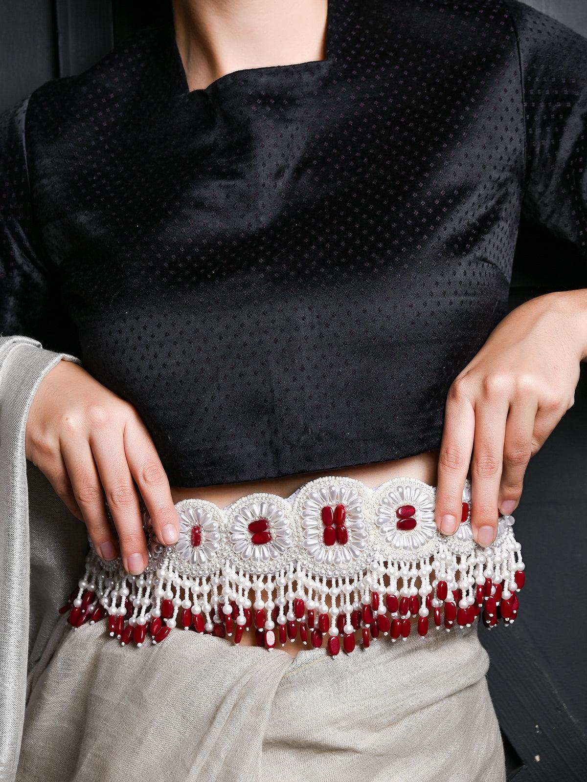 White And Red Pearl Beads Velvet Base Belt - Rajwada