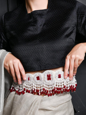 White And Red Pearl Beads Velvet Base Belt - Rajwada
