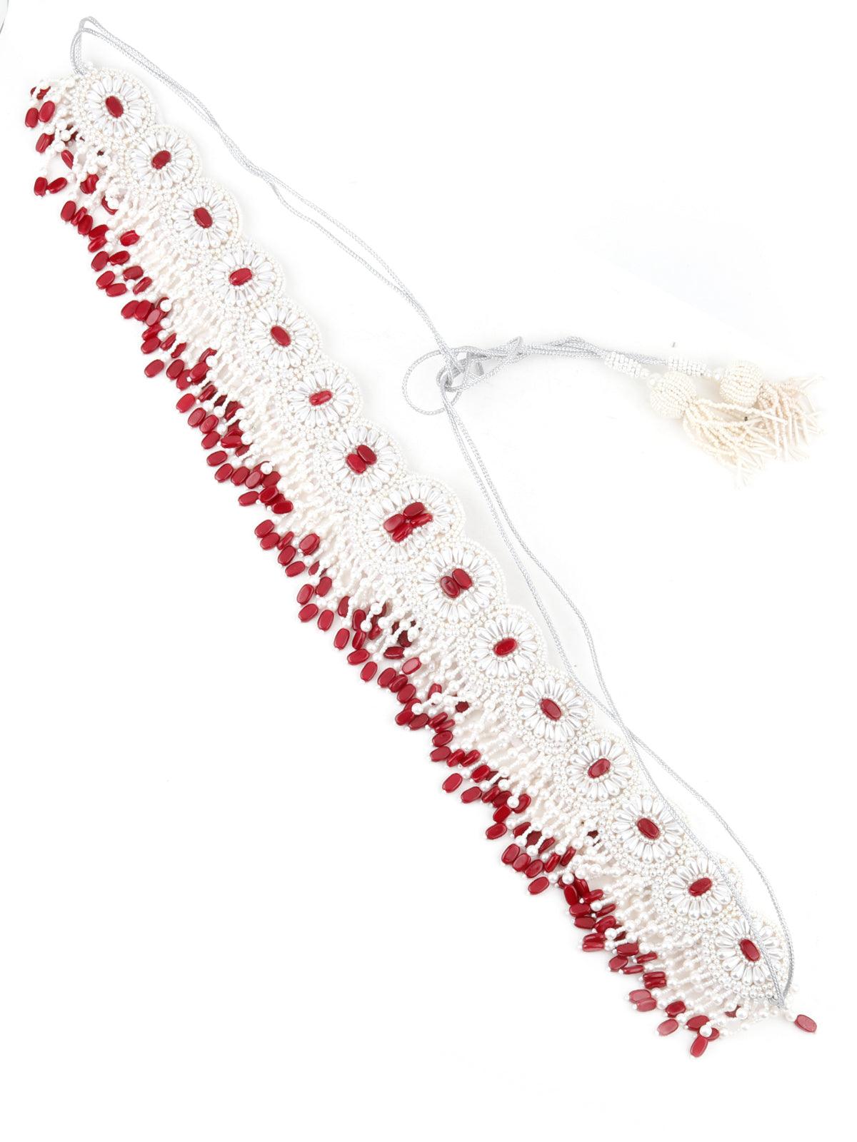 White And Red Pearl Beads Velvet Base Belt - Rajwada