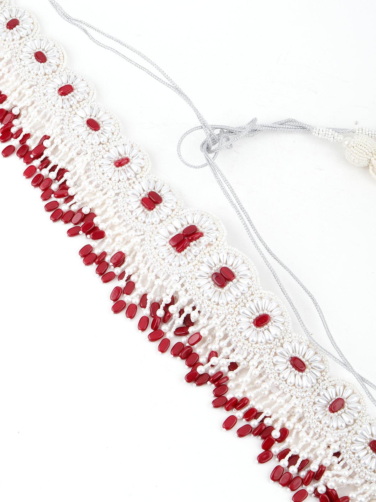 White And Red Pearl Beads Velvet Base Belt - Rajwada