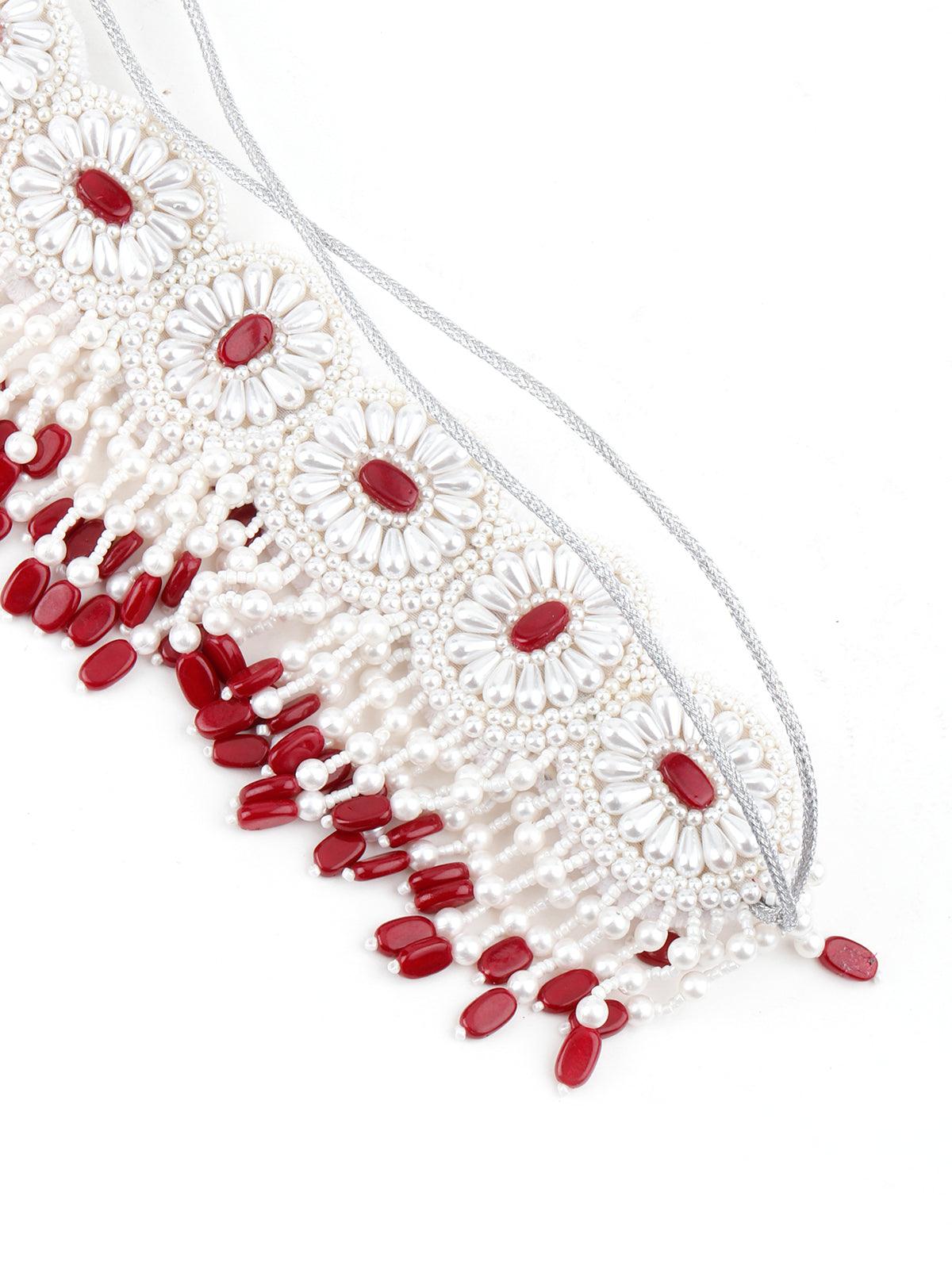 White And Red Pearl Beads Velvet Base Belt - Rajwada