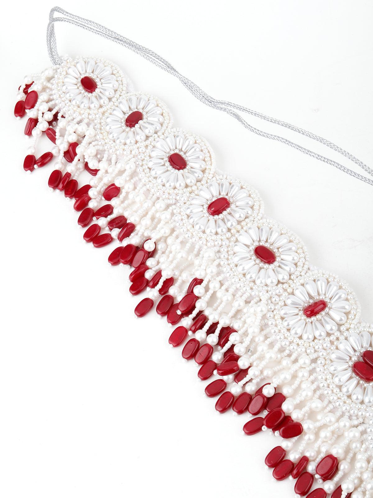 White And Red Pearl Beads Velvet Base Belt - Rajwada