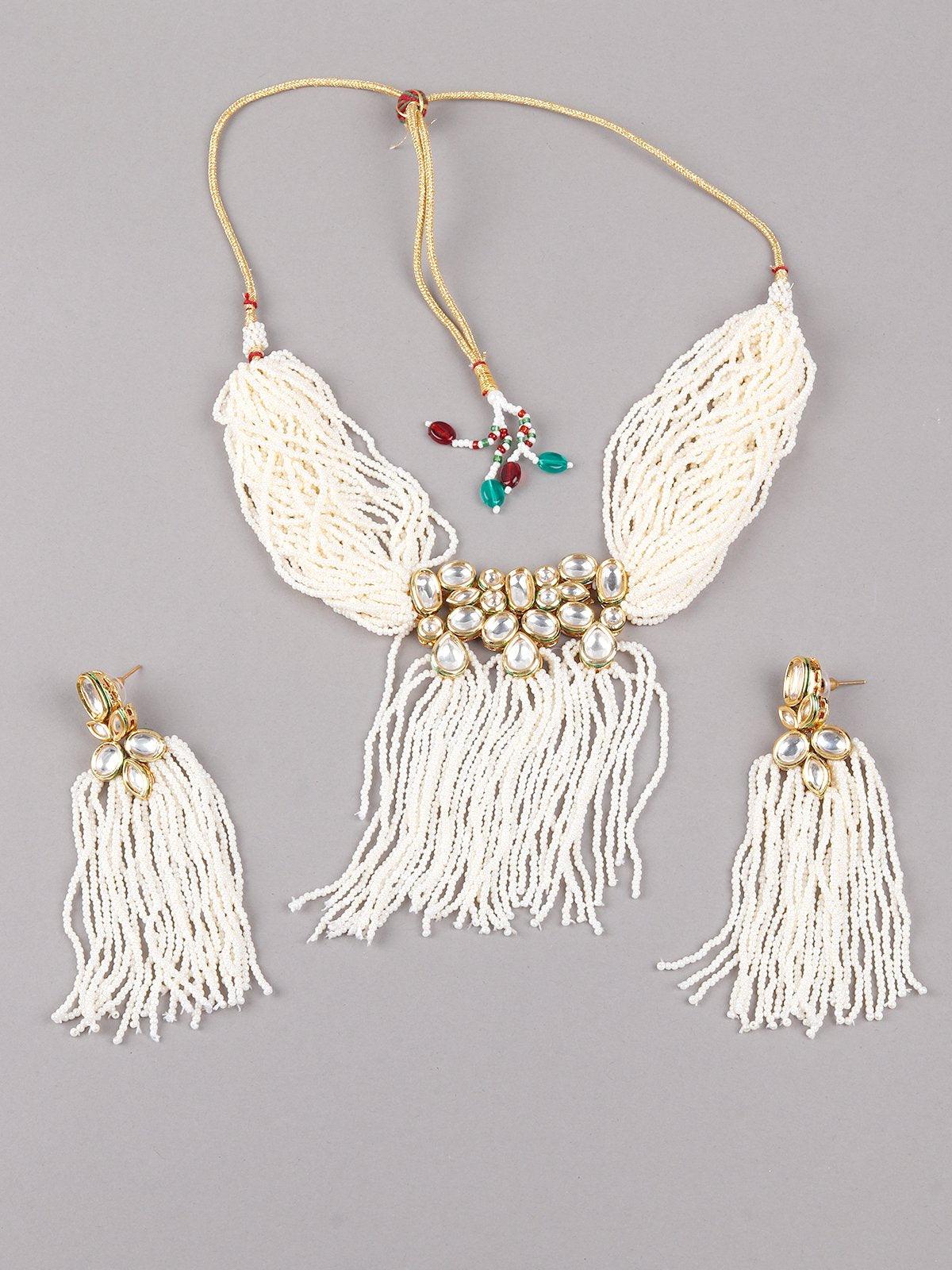 White Beaded Kundan Work Tassel Necklace Set - Rajwada