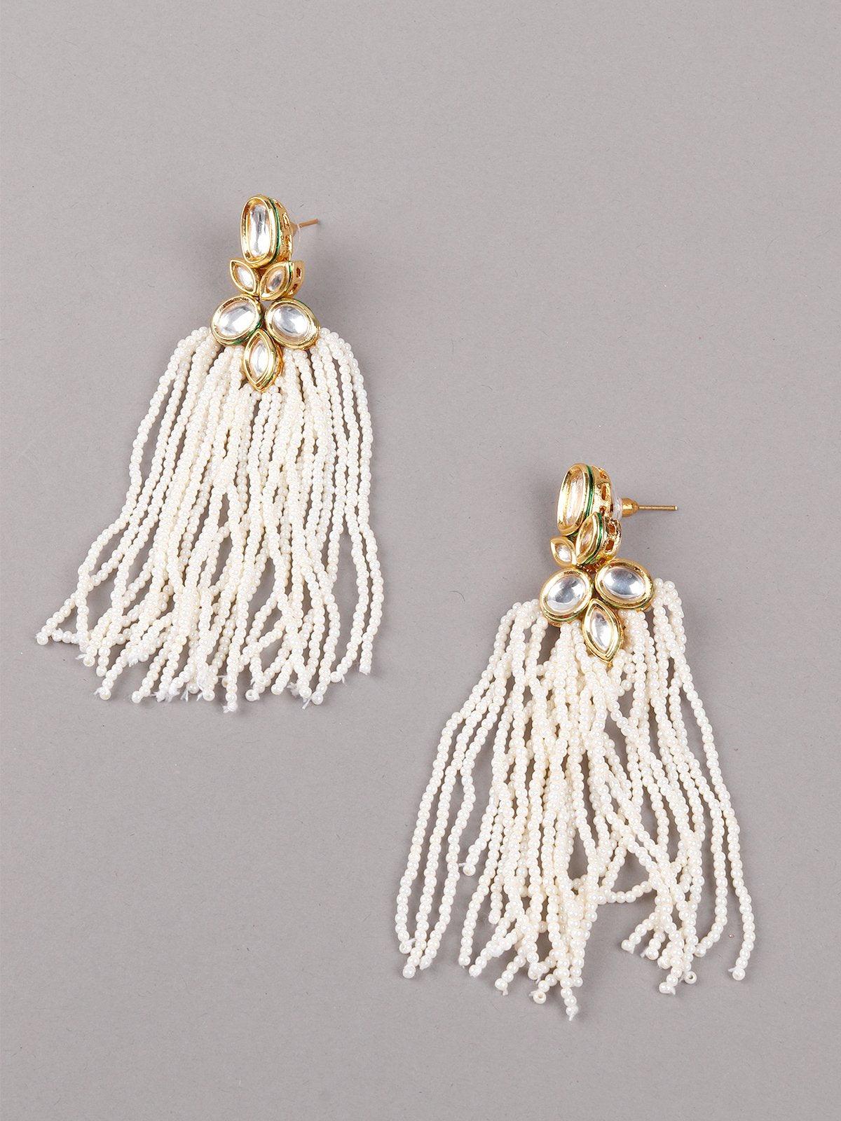 White Beaded Kundan Work Tassel Necklace Set - Rajwada