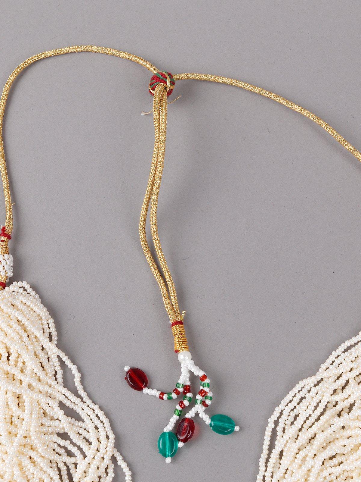 White Beaded Kundan Work Tassel Necklace Set - Rajwada