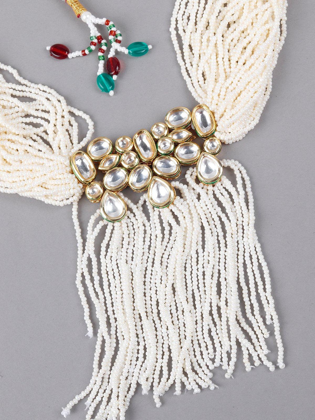 White Beaded Kundan Work Tassel Necklace Set - Rajwada