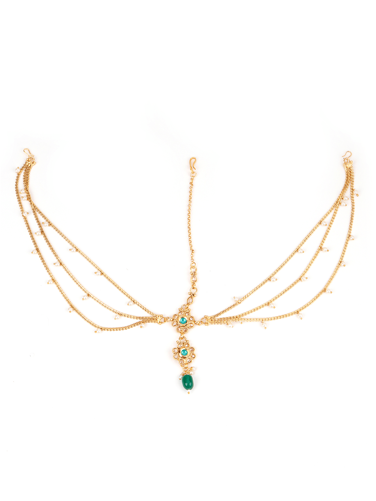 White Beads, Green Rhinestone Maang Tikka - Rajwada
