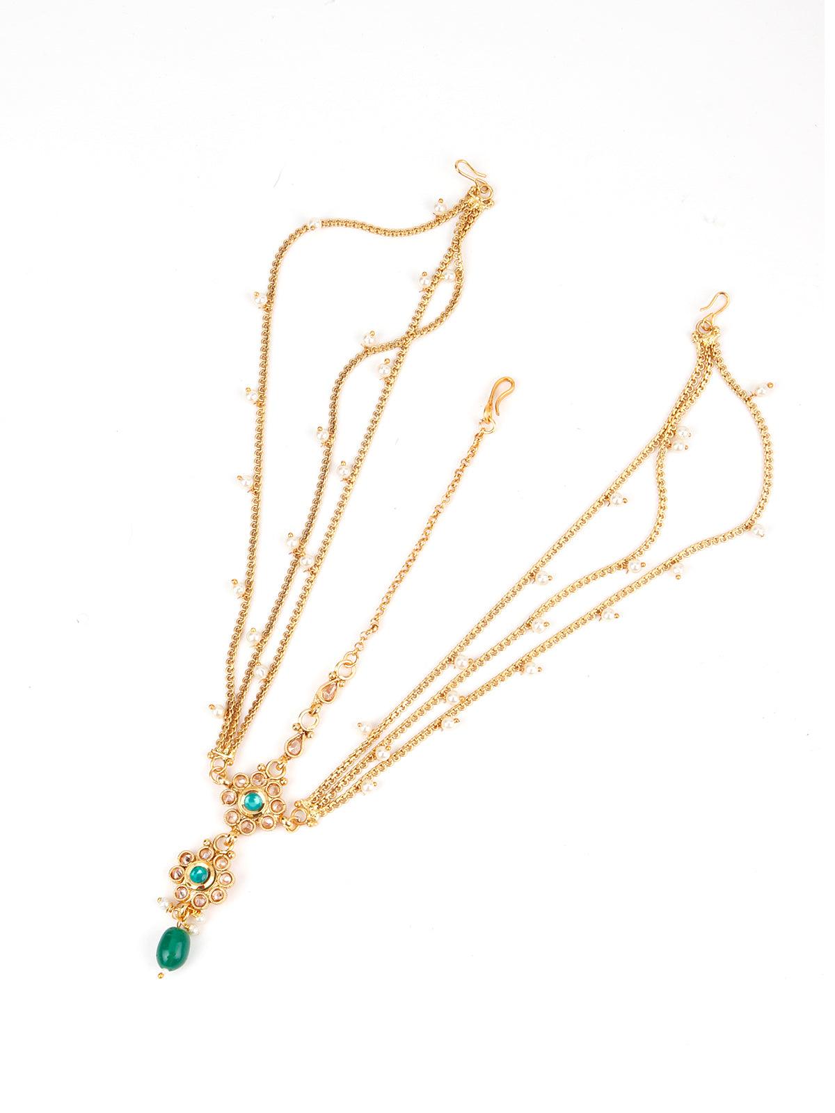 White Beads, Green Rhinestone Maang Tikka - Rajwada