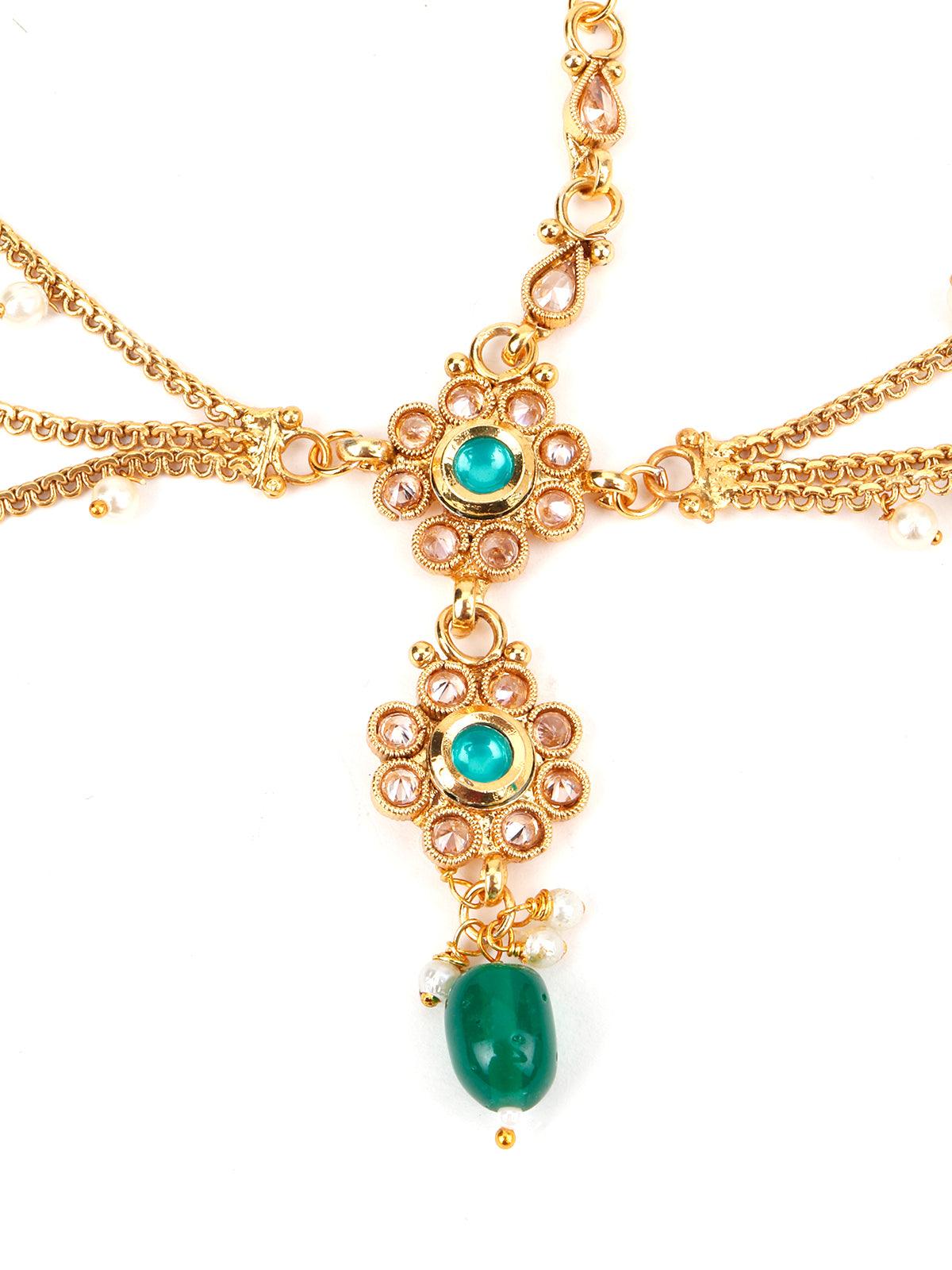 White Beads, Green Rhinestone Maang Tikka - Rajwada