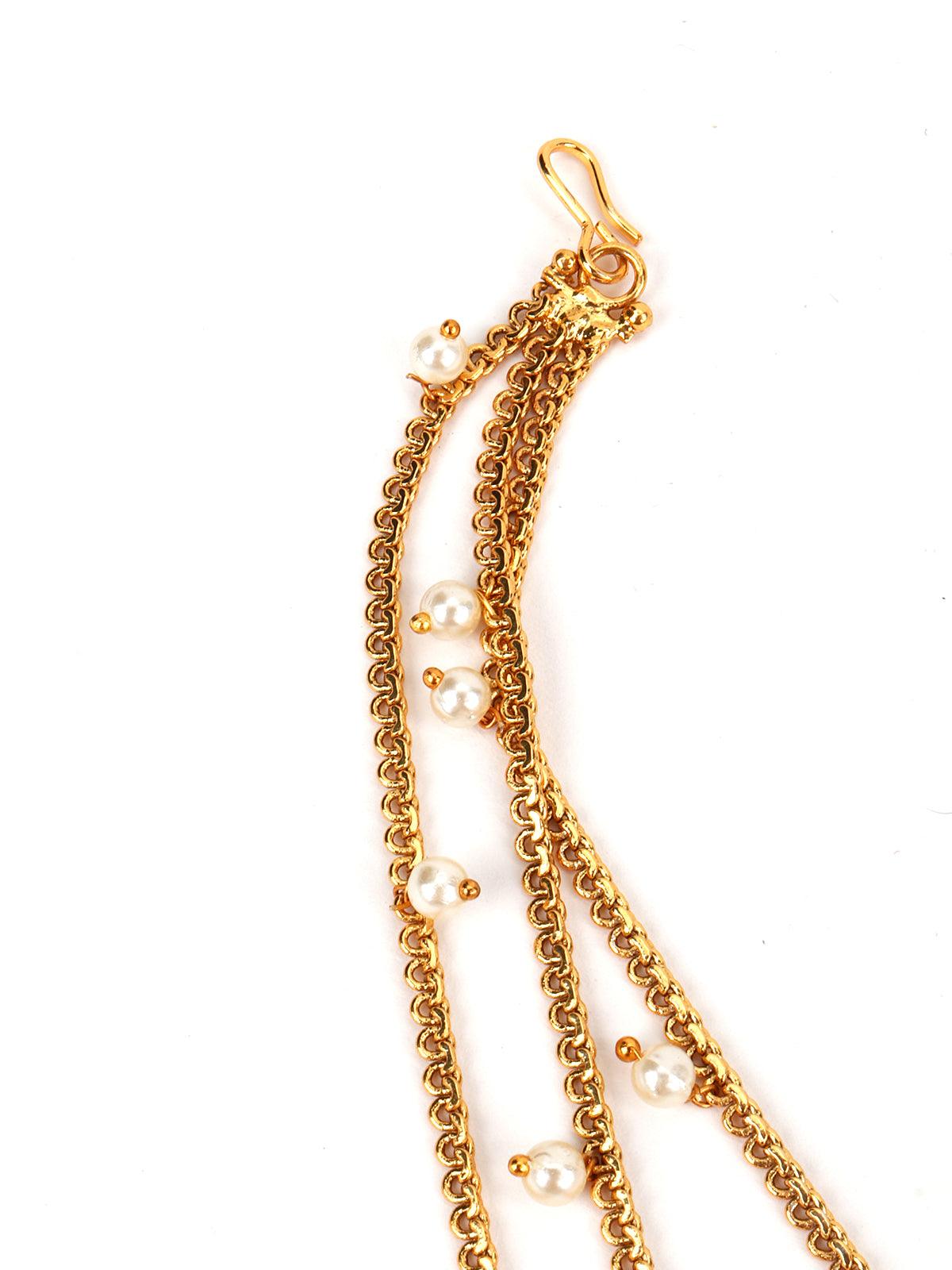 White Beads, Green Rhinestone Maang Tikka - Rajwada