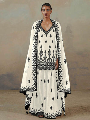 White Embroidered Kurta- Sharara Set For Women - Rajwada