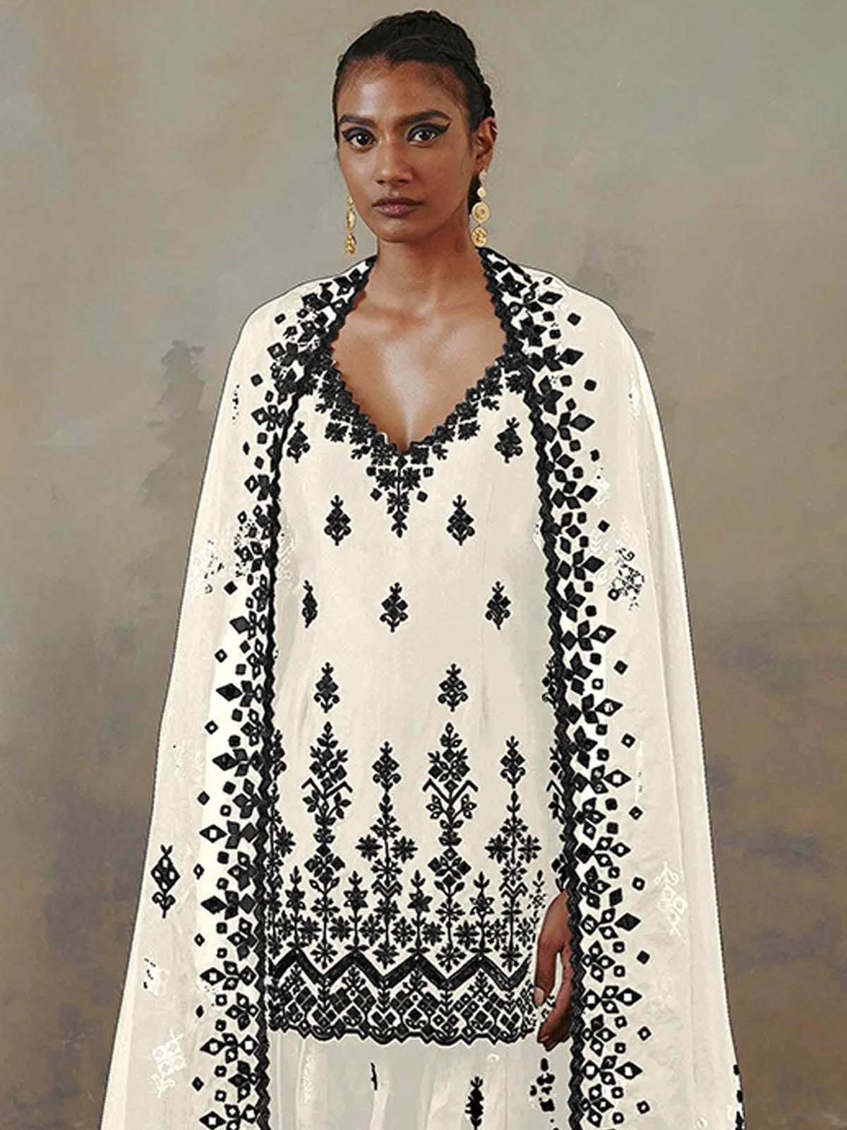White Embroidered Kurta- Sharara Set For Women - Rajwada