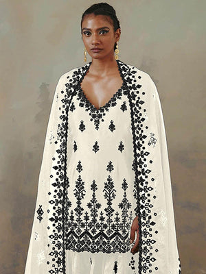 White Embroidered Kurta- Sharara Set For Women - Rajwada