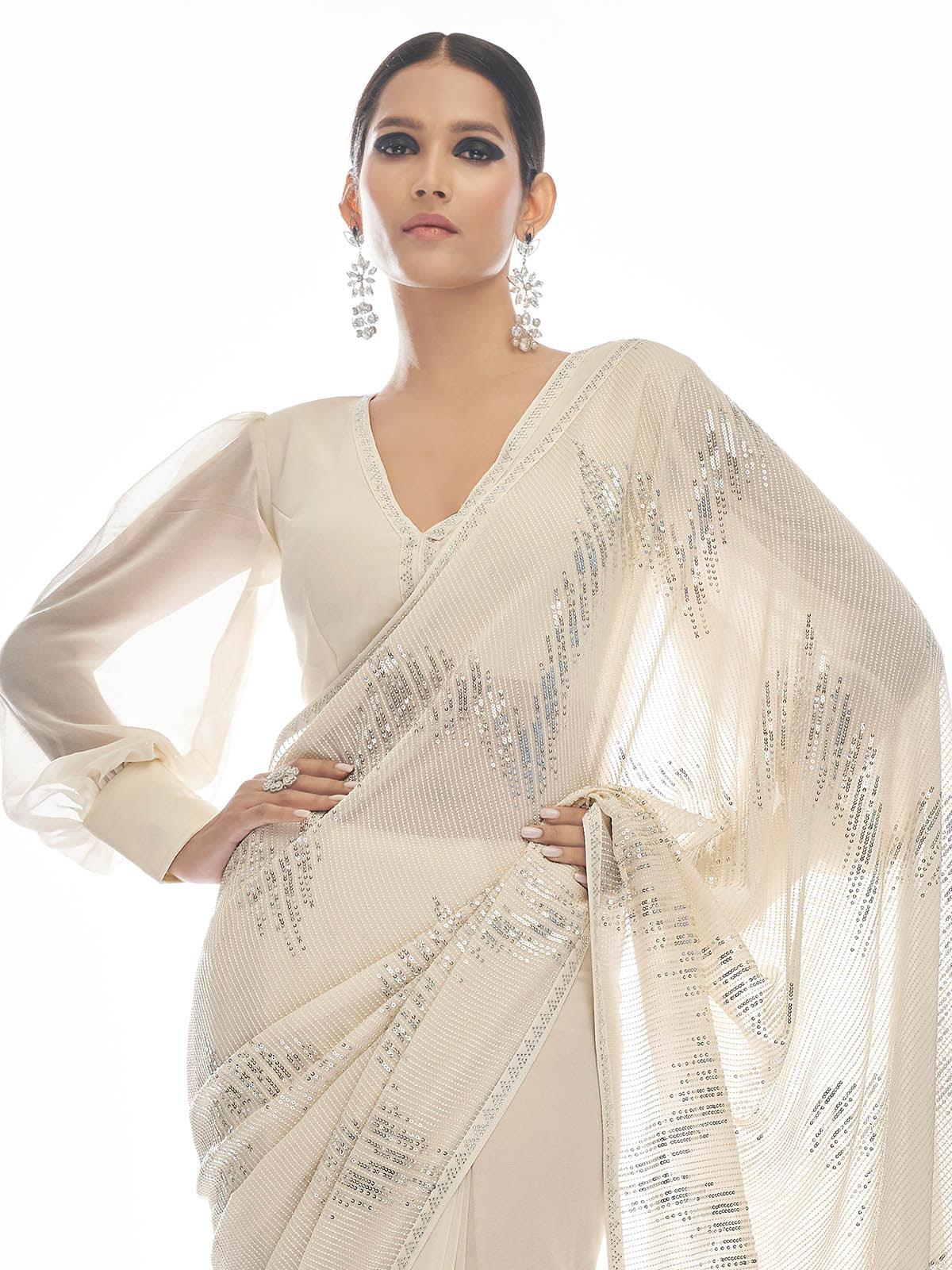 White Georgette Sequin Saree - Rajwada