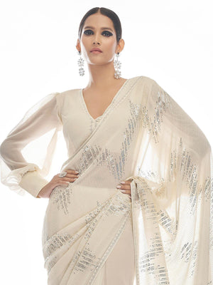 White Georgette Sequin Saree - Rajwada