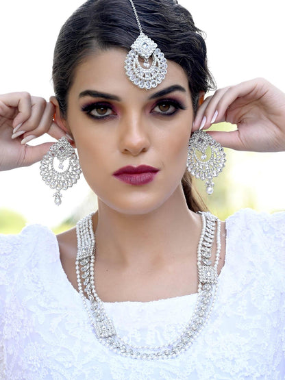 White Long Necklace With Maangtikka Set - Rajwada