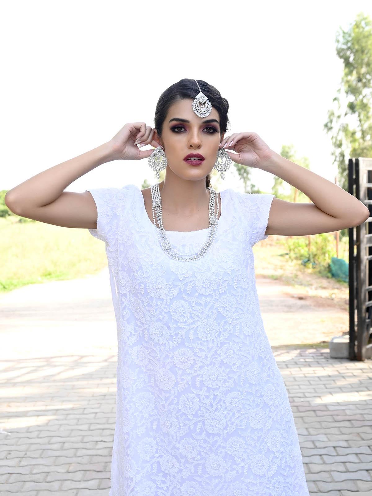 White Long Necklace With Maangtikka Set - Rajwada