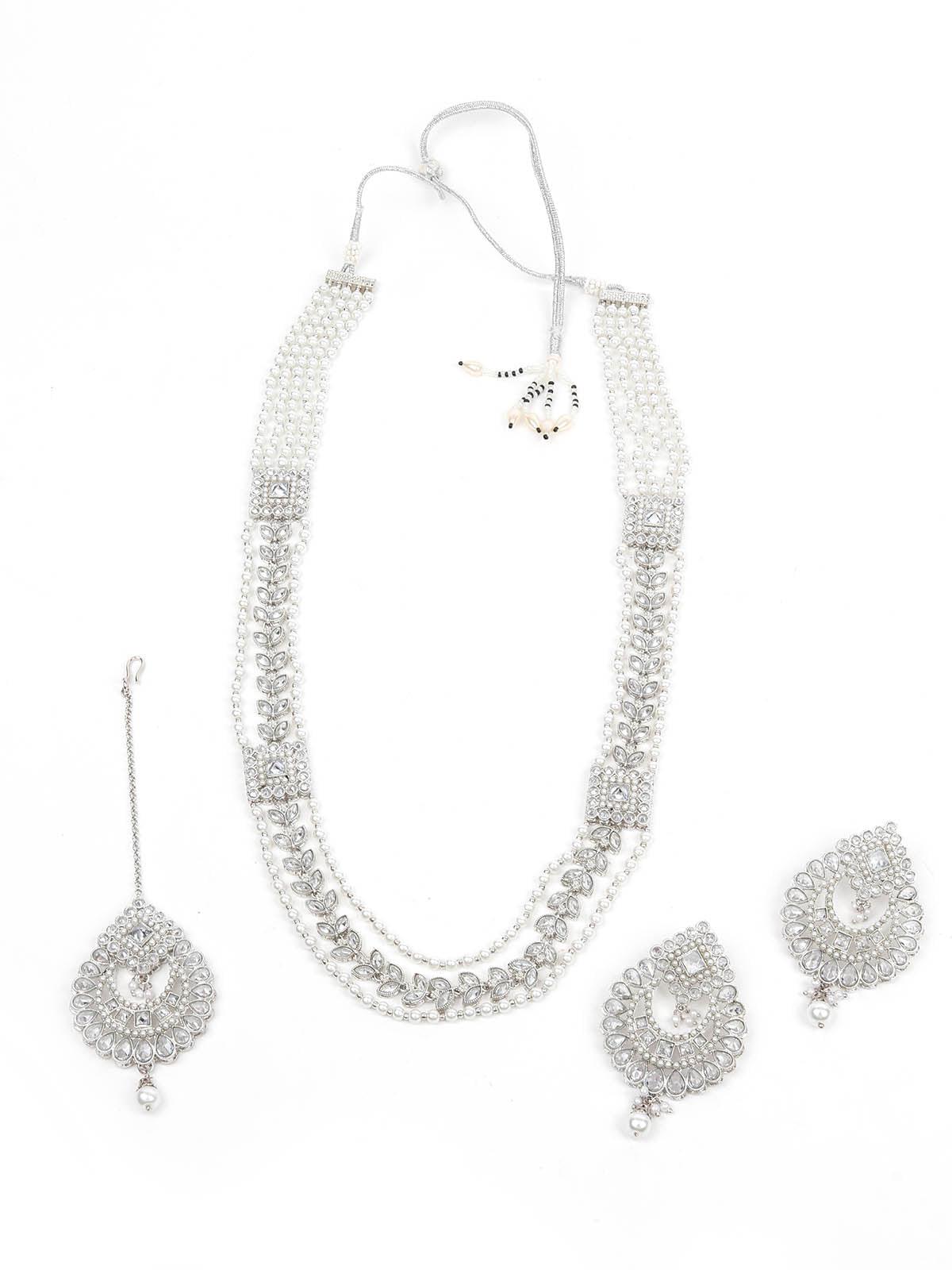 White Long Necklace With Maangtikka Set - Rajwada