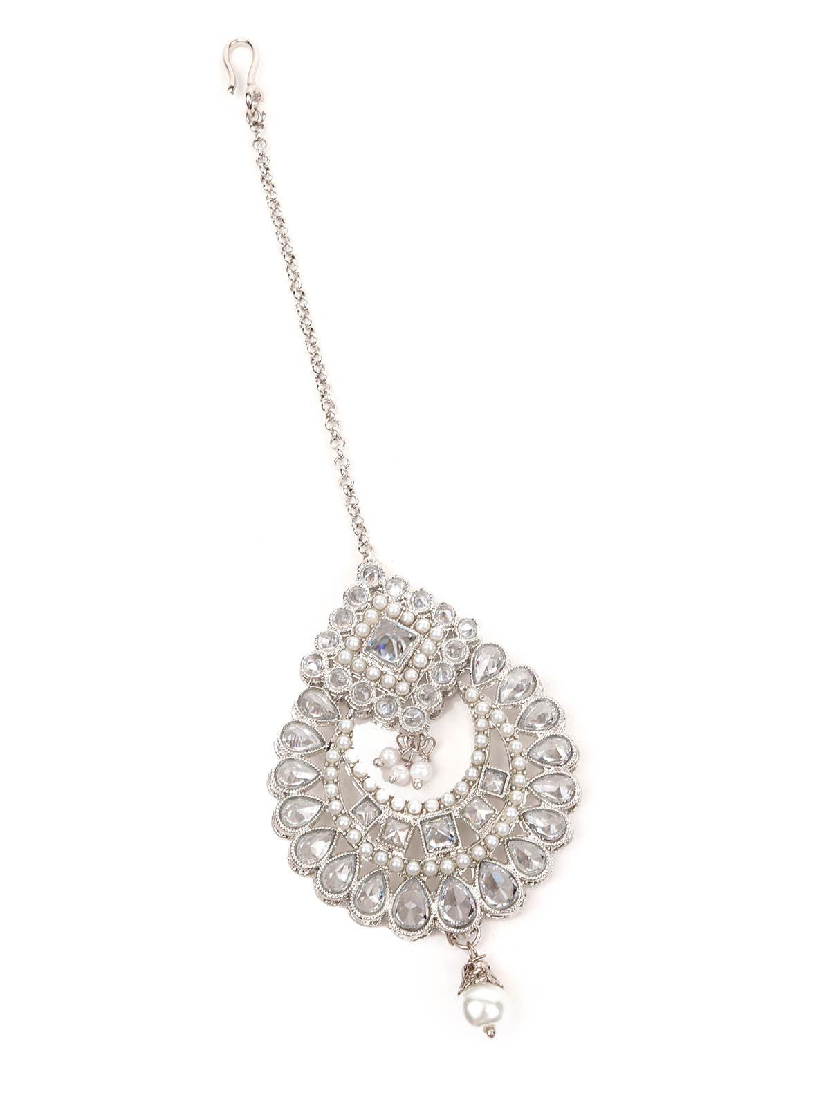 White Long Necklace With Maangtikka Set - Rajwada
