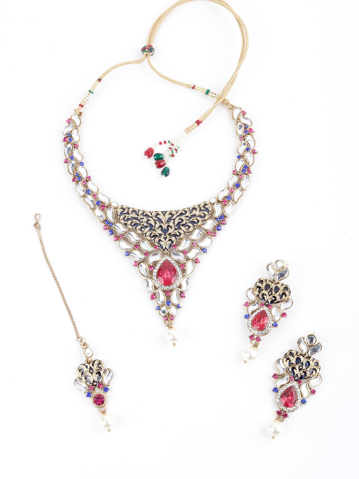 White, Magenta And Indigo Kundan Choker Set - Rajwada