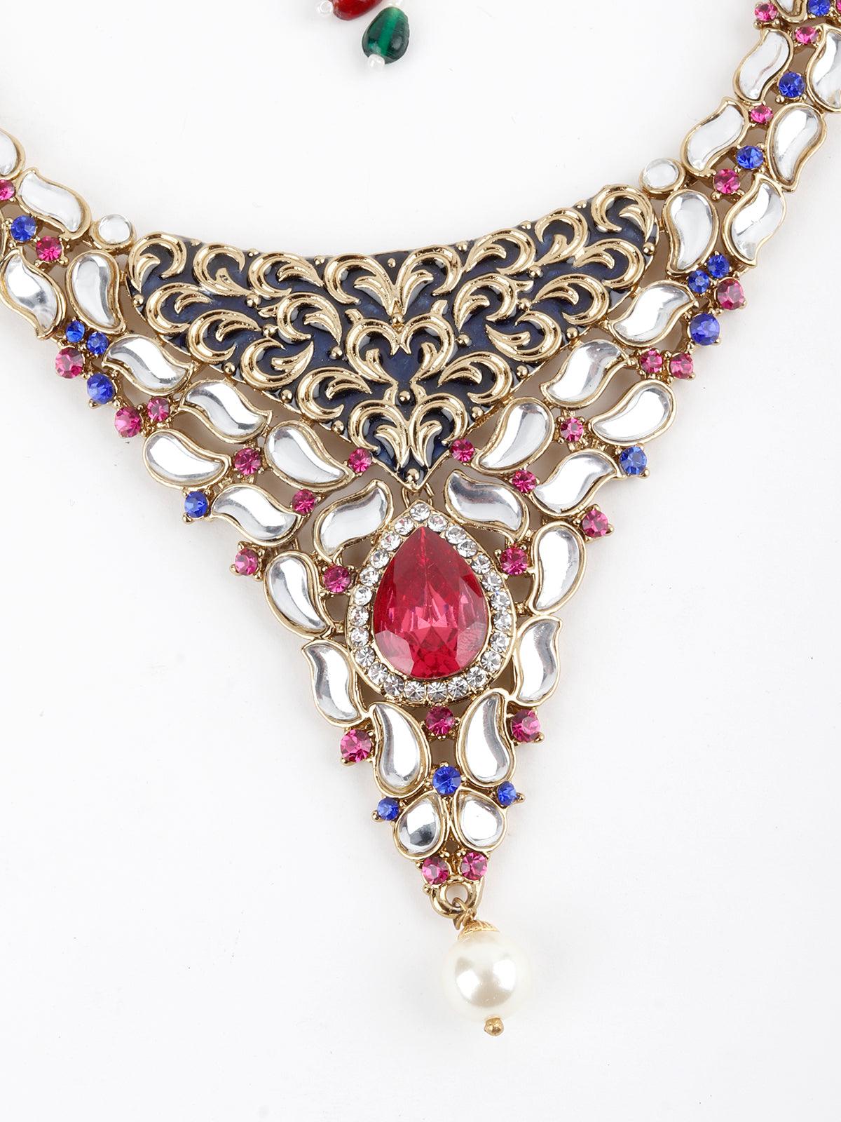 White, Magenta And Indigo Kundan Choker Set - Rajwada