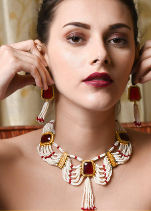 White Multi-String Pearl Necklace set - Rajwada