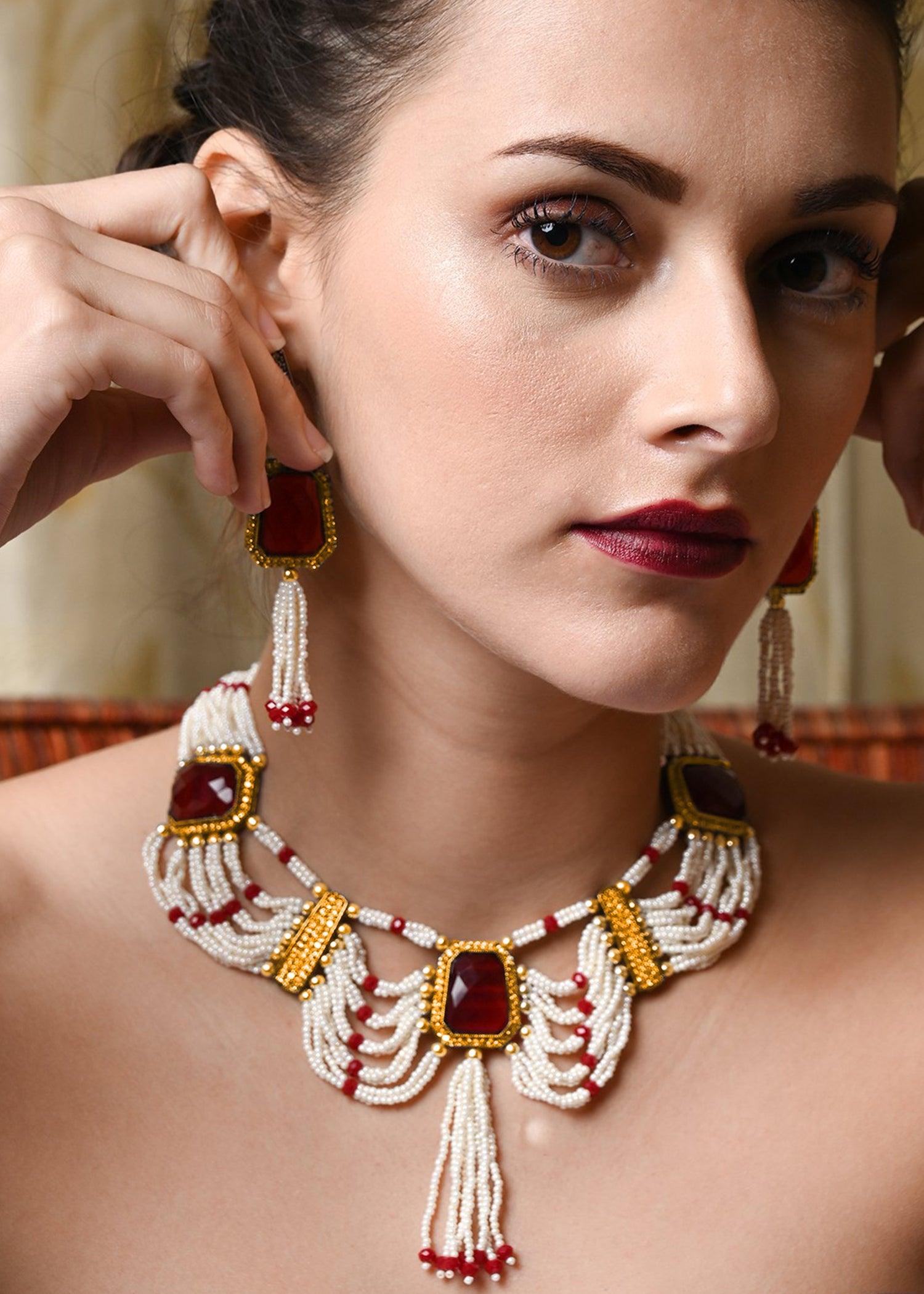 White Multi-String Pearl Necklace set - Rajwada