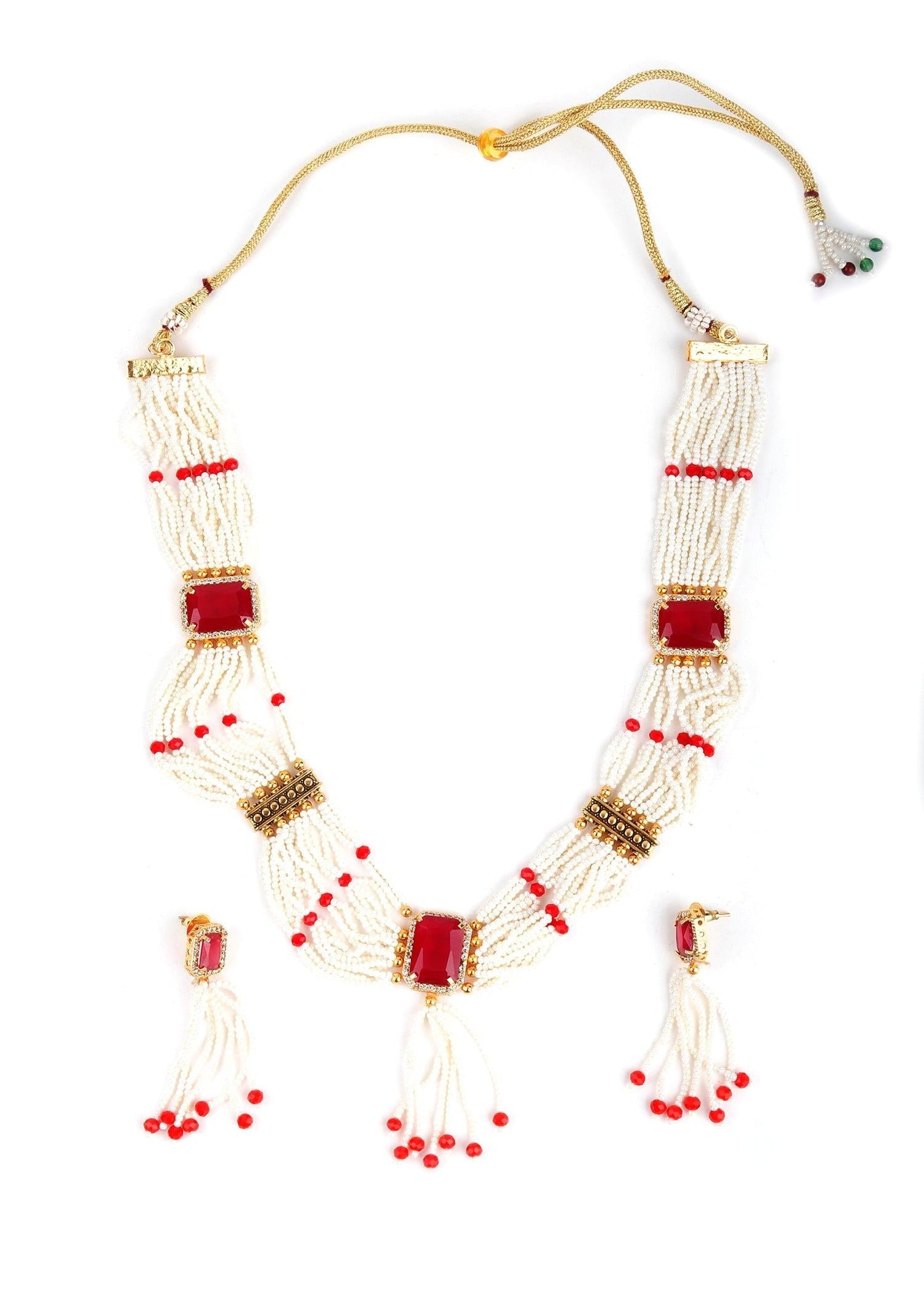 White Multi-String Pearl Necklace set - Rajwada