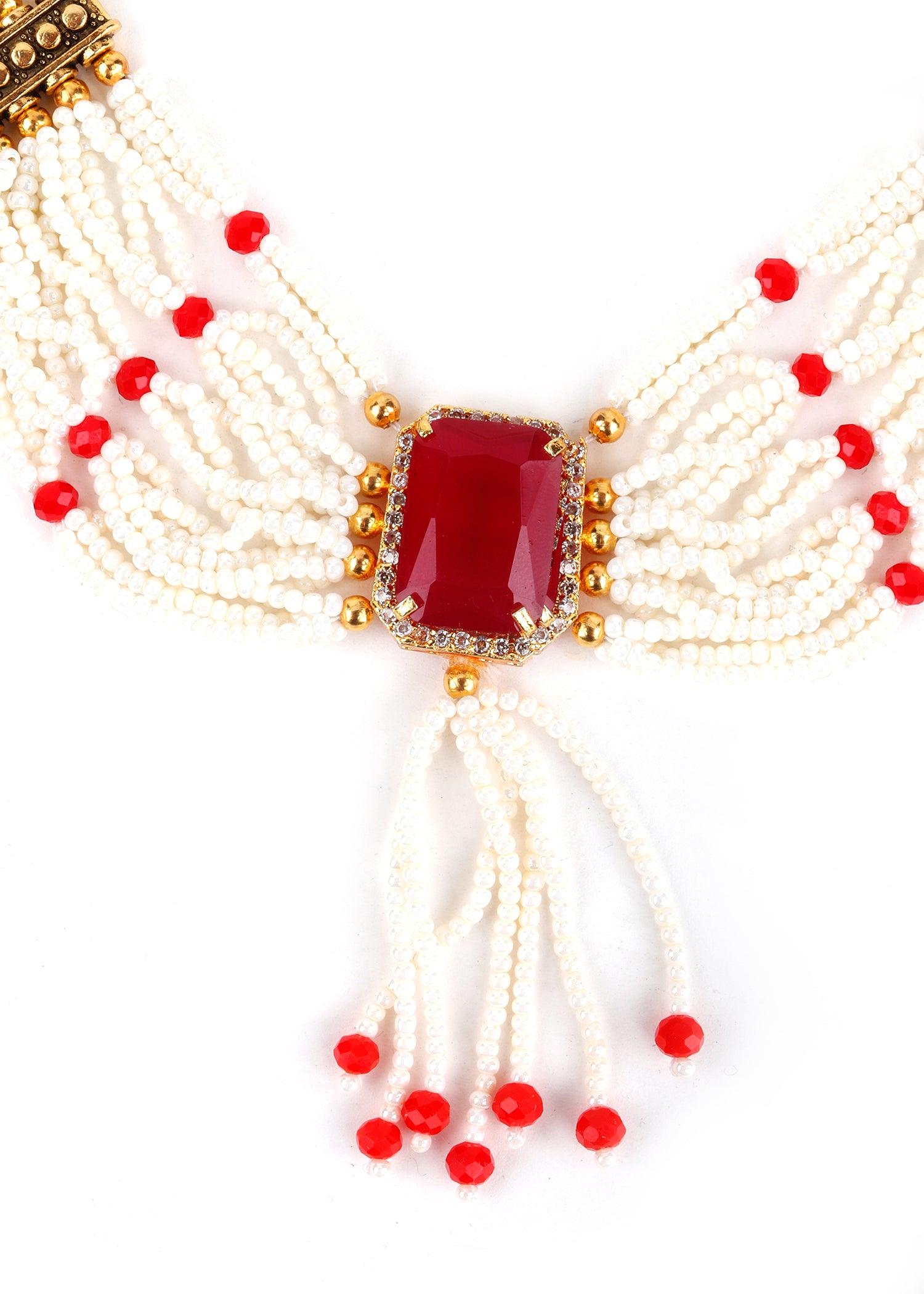 White Multi-String Pearl Necklace set - Rajwada