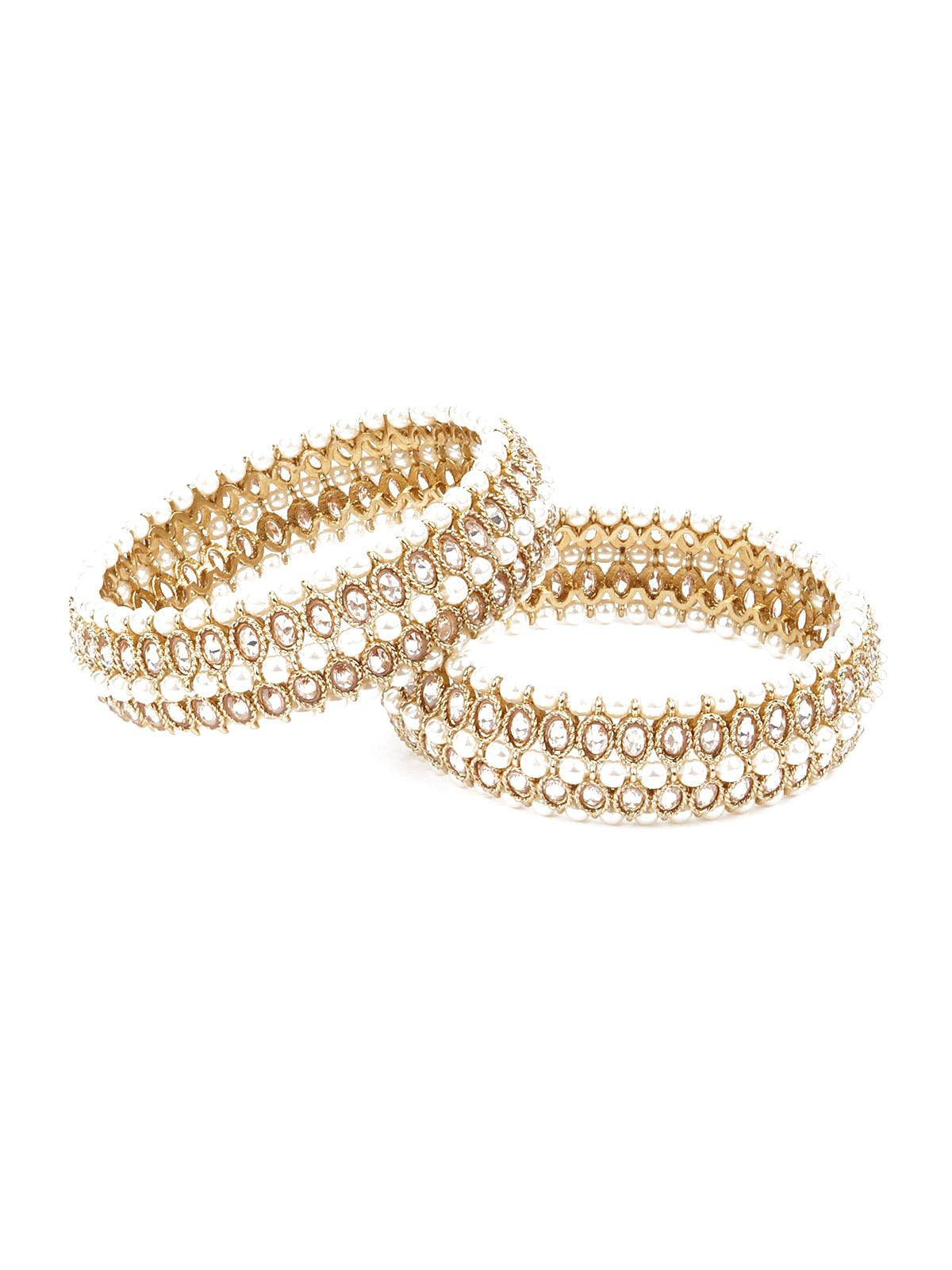 White Pearl 3 Strand Rhinestone Bangle - Rajwada