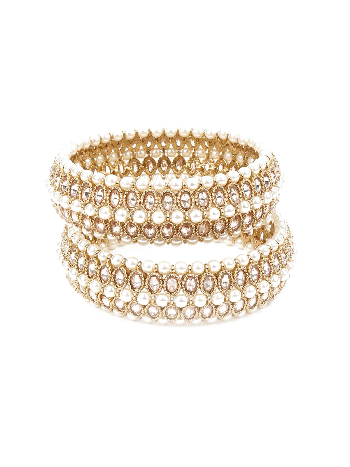 White Pearl 3 Strand Rhinestone Bangle - Rajwada