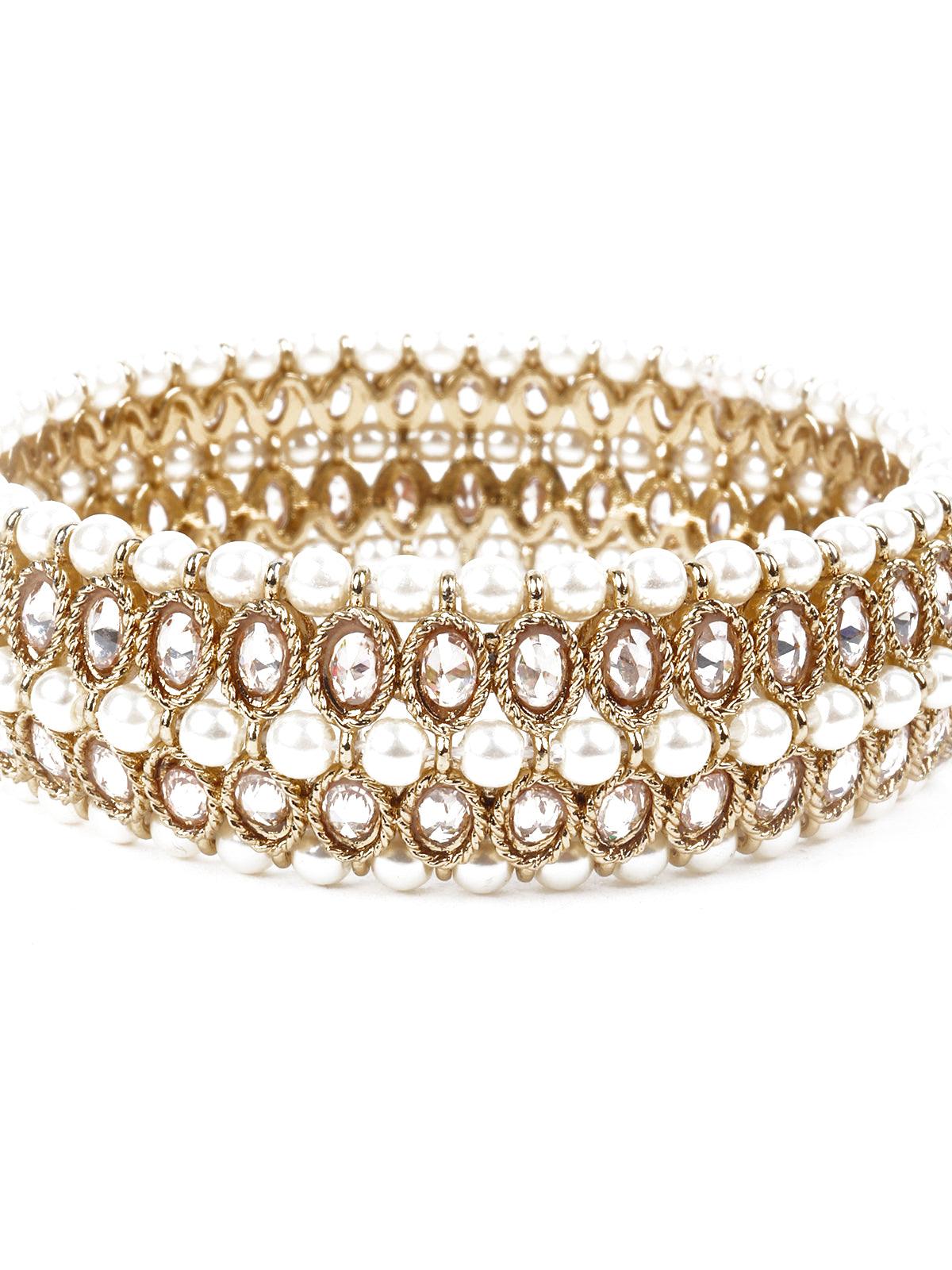 White Pearl 3 Strand Rhinestone Bangle - Rajwada