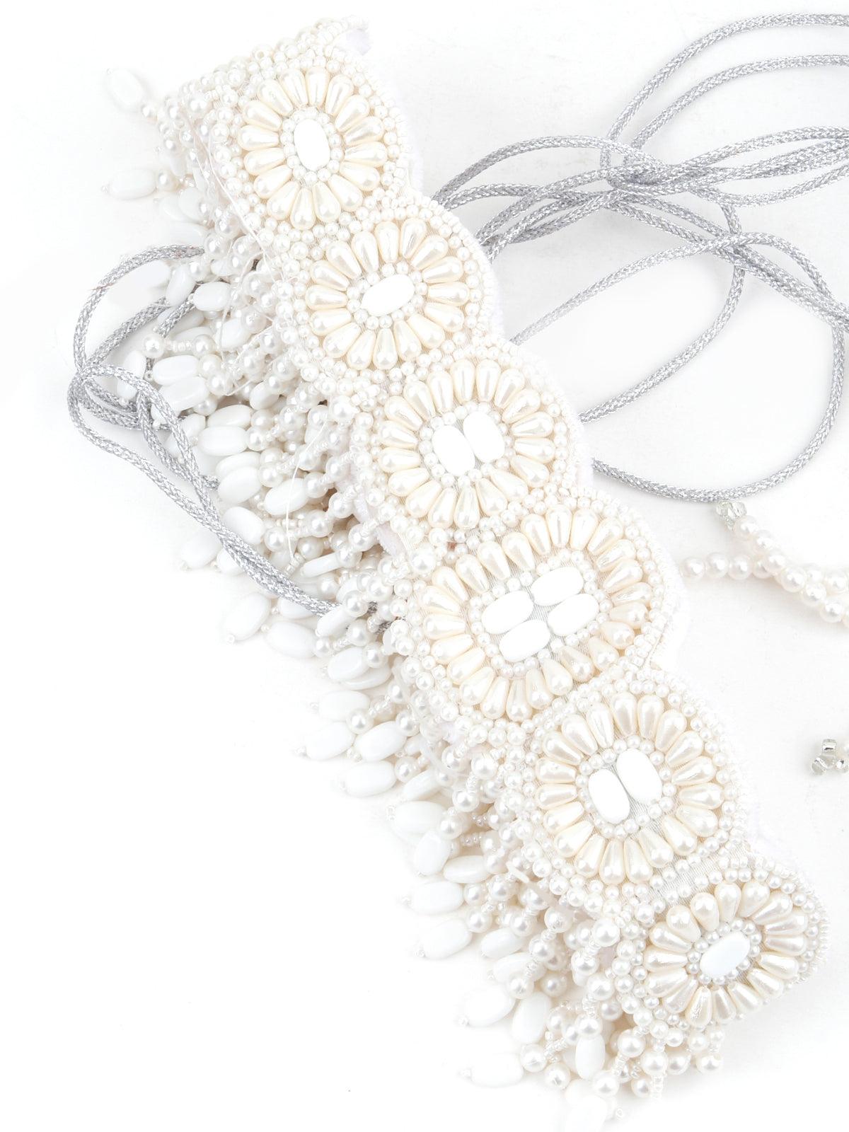 White Pearl And Rhinestone Velvet Base Belt - Rajwada