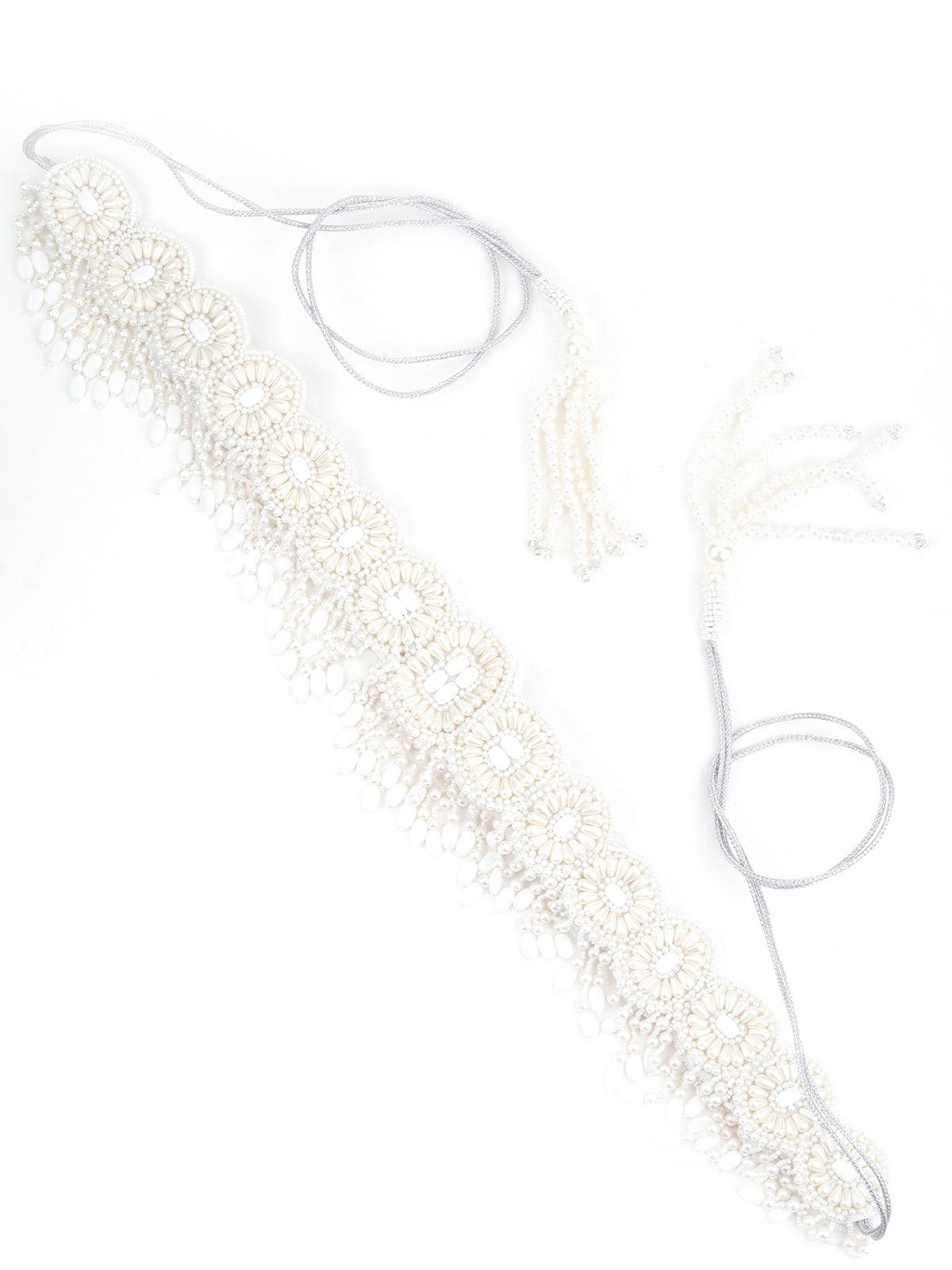 White Pearl And Rhinestone Velvet Base Belt - Rajwada