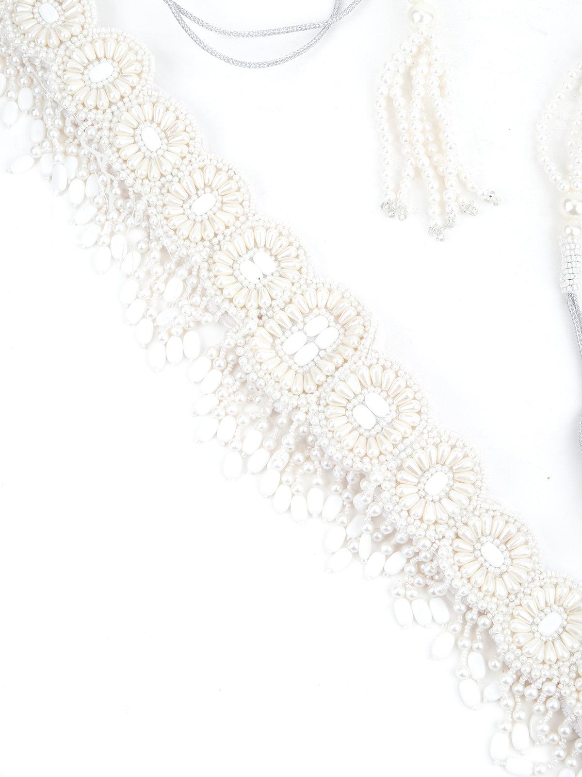 White Pearl And Rhinestone Velvet Base Belt - Rajwada