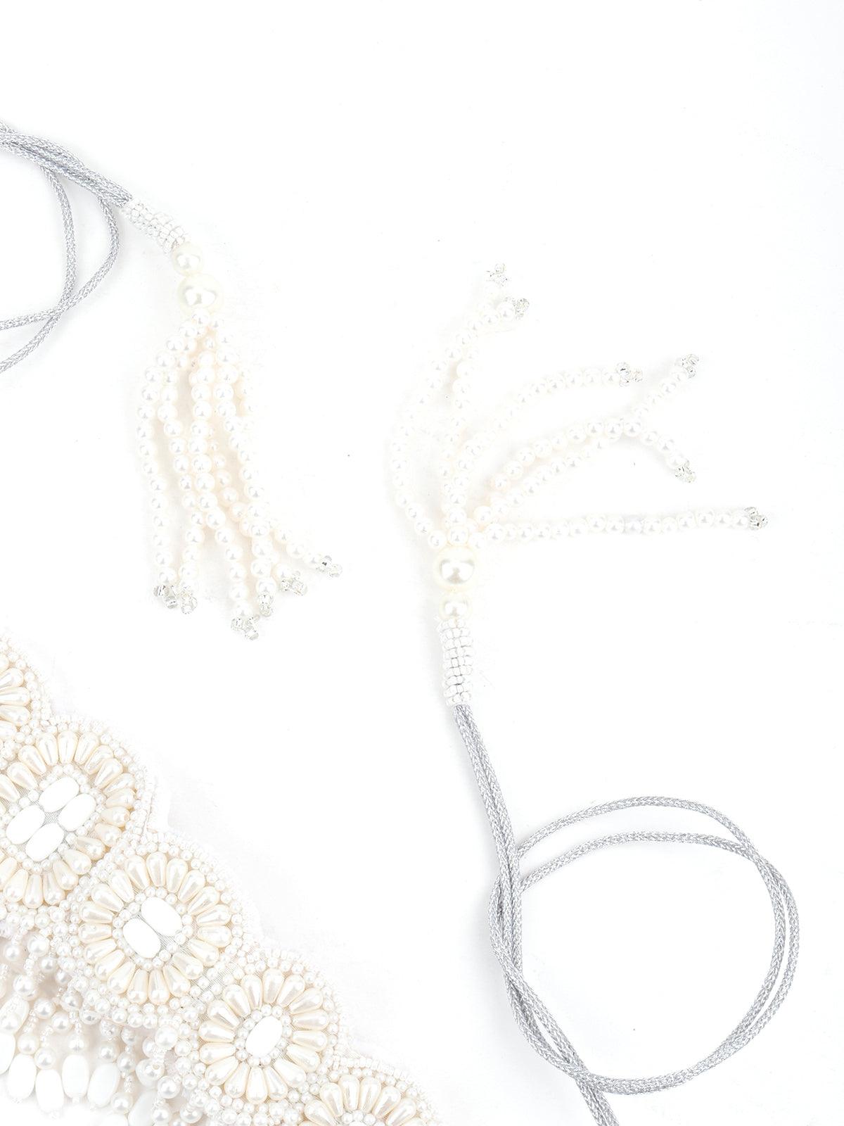 White Pearl And Rhinestone Velvet Base Belt - Rajwada