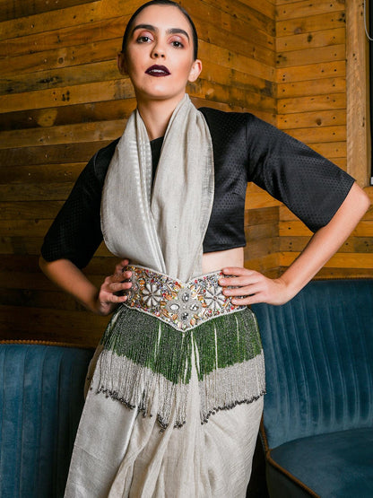 White Pearl , Green And Rhinestone Velvet Base Belt - Rajwada